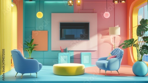 Create an abstract and whimsical 3D representation of a TV show podcast studio with a touch of cuteness  AI generated illustration