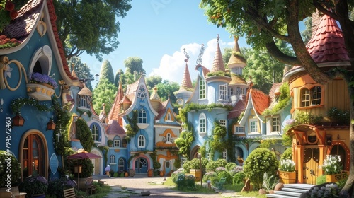 Cute and cuddly buildings in a whimsical town  AI generated illustration photo