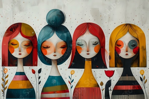 Modern Camaraderie: Stylized Artwork of Four Women in Vibrant Celebration photo