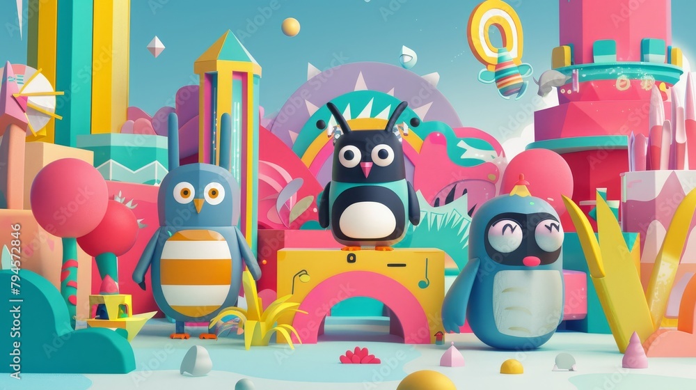Naklejka premium Cute animals and critters exploring a Memphis style AI generated illustration