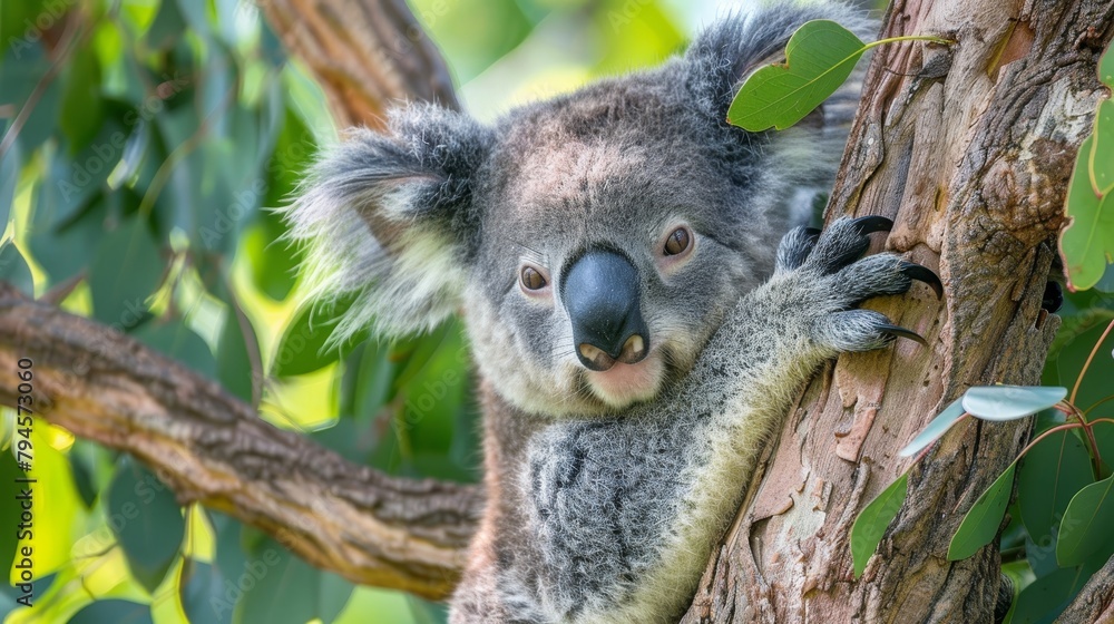 Fototapeta premium Cute koala resting in a eucalyptus tree AI generated illustration