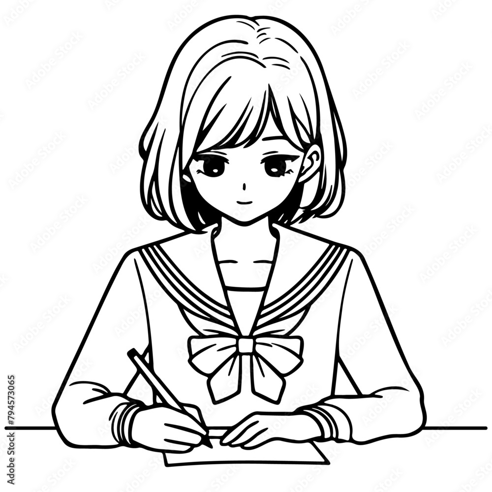 High School Female Student Read Sketch Drawing. High School Female Student Read Sketch Drawing.