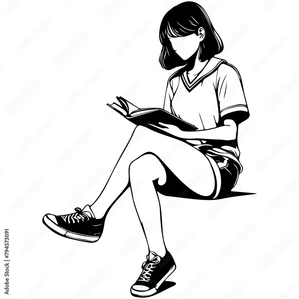 High School Female Student Read Sketch Drawing.