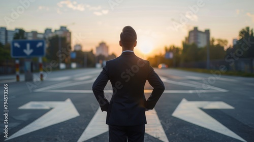 Businessman at Crossroads with Arrows and Sunset