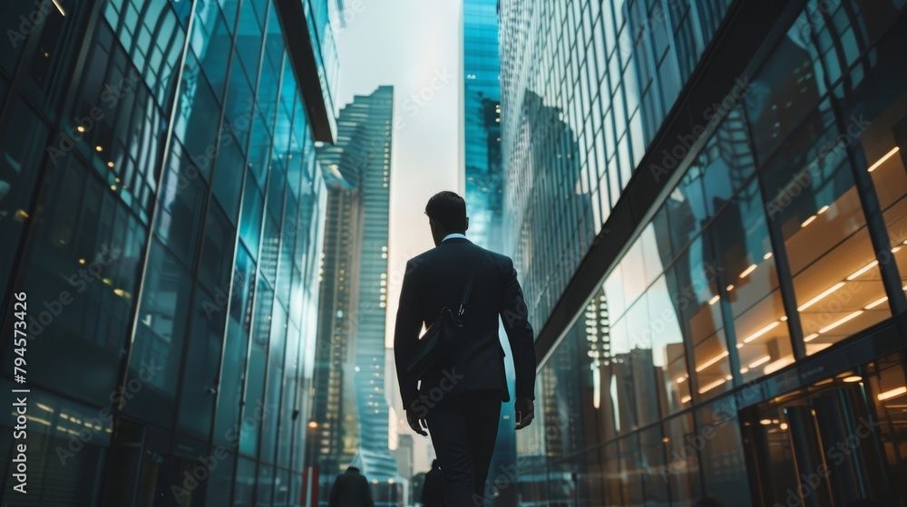 Fototapeta premium Businessman Walking in Modern Cityscape Corridor