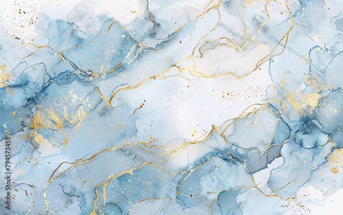 
Watercolor background drawn with brush. Blue paint spilled on paper. Gold shiny veins and cracked marble texture. very striking illustration photo