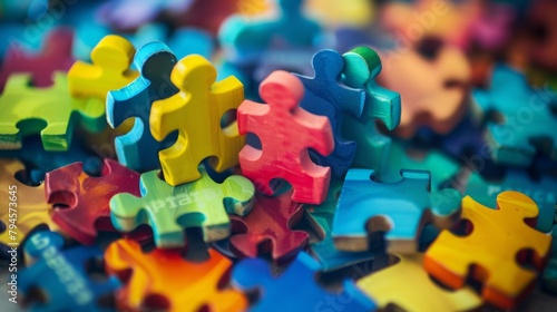 Colorful Jigsaw Puzzle Pieces Scattered Close-Up