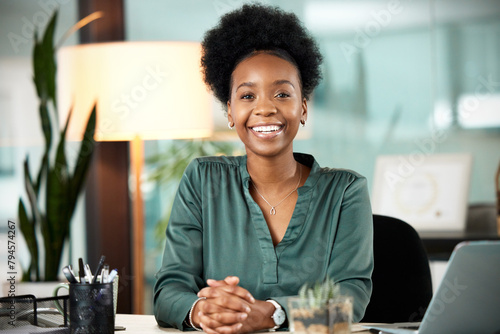 African woman, portrait and office with smile, proud and confidence for career goals. Creative writer, professional news editor and expert reporter for content creation, publishing and press startup
