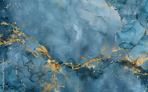 
Watercolor background drawn with brush. Blue paint spilled on paper. Gold shiny veins and cracked marble texture. very striking illustration photo