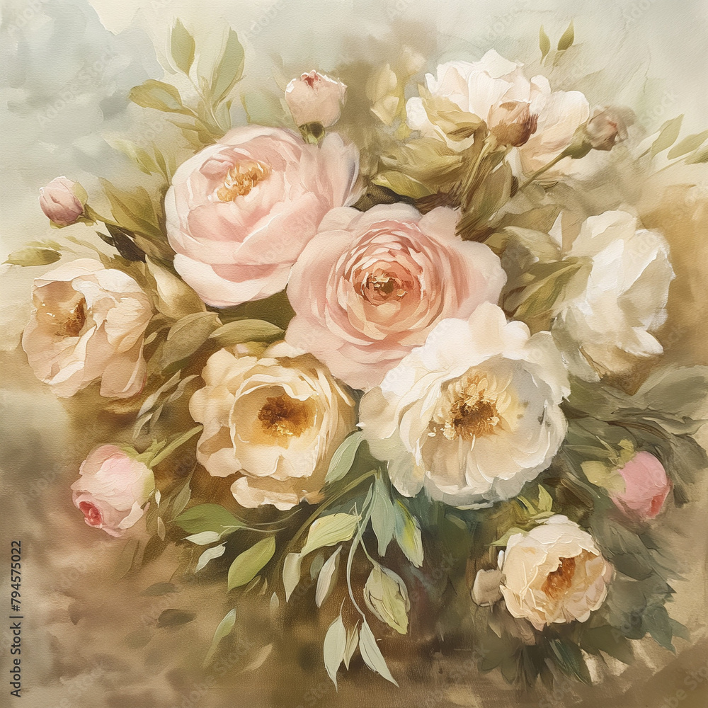 Detailed watercolor painting of a bouquet, Focus on roses and peonies in shades of pink and cream, Realistic texture of the watercolor paper visible Detailed watercolor painting of a bouquet, Focus on roses and peonies in shades of pink and cream, Realistic texture of the watercolor paper visible