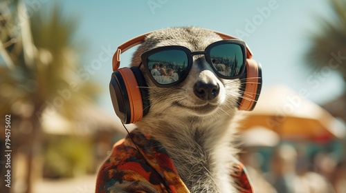 Meerkat wearing sunglasses and headphones, scarf around neck