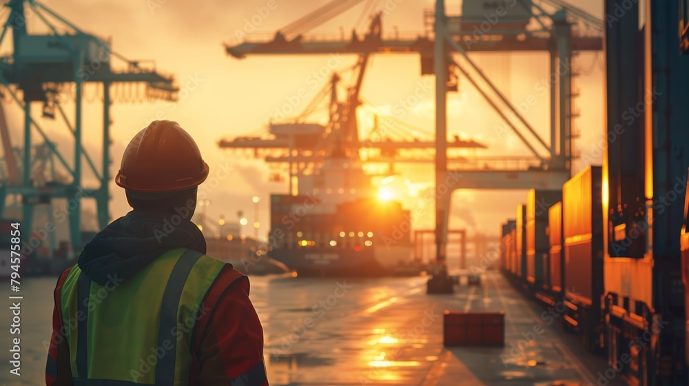 A worker in a hard hat and safety vest looks out at a busy shipping port at sunset.
