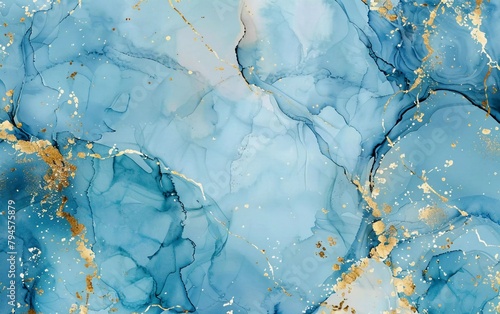  Watercolor background drawn with brush. Blue paint spilled on paper. Gold shiny veins and cracked marble texture. very striking illustration