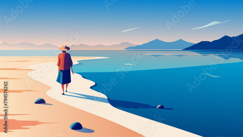 A lone figure walking along the waters edge collecting seashells and listening to the sound of the waves crashing against the shore.