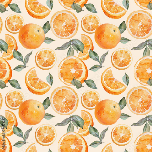 Vibrant watercolor pattern featuring oranges, enhancing fabric, wallpaper, and poster designs with a burst of color