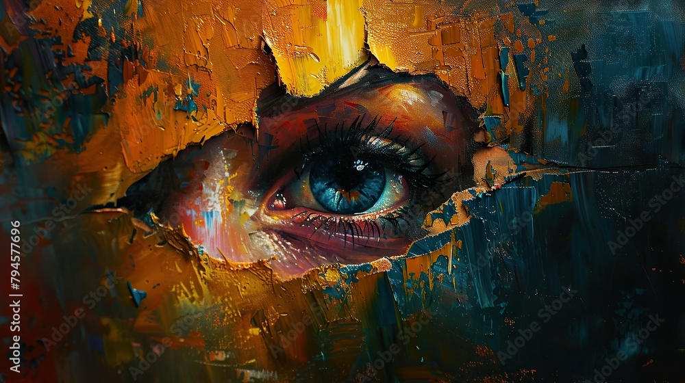 an oil painting with a big tear in the middle of the canvas with freyed edges, super realistic, 8K resolution, High quality detail, high definition
