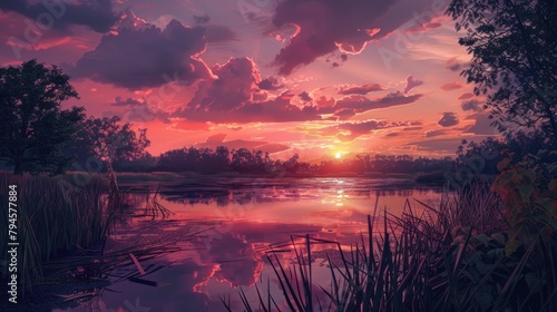 A pond beneath a rosy sky