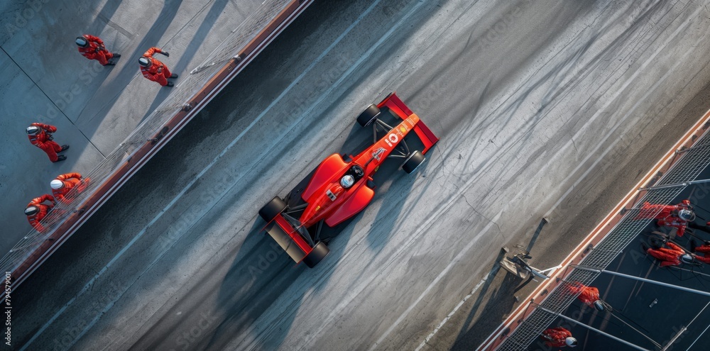 A Red racing car zooms down track, exuding speed and excitement.