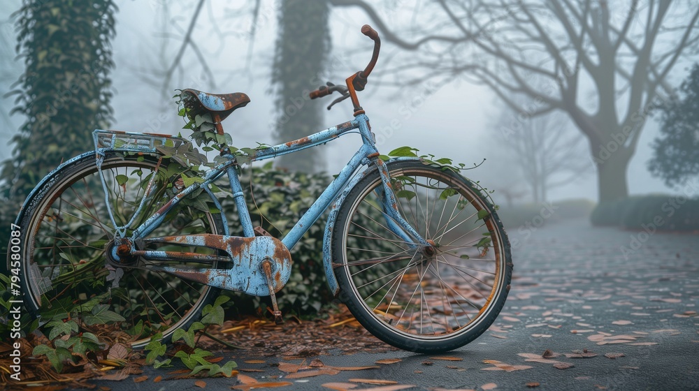 Realistic high-resolution image of a rusty blue bicycle overgrown with ivy, abandoned in a misty park
