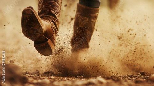 A pair of scuffed cowboy boots kicking up dust as their rider departs into the unknown their leather coat swaying behind them. .