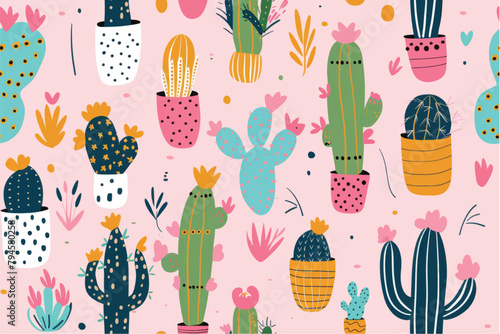 cute trendy hand drawn cactus seamless pattern background