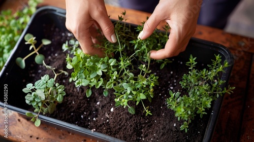 A close-up of hands planting seeds in a small indoor planter, the beginnings of a herb garden that will thrive on a sunny kitchen windowsill.