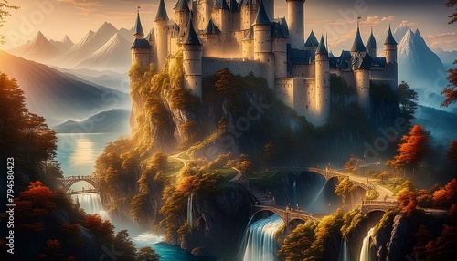 majestic castle perched atop a craggy hill, with multiple waterfalls cascading photo