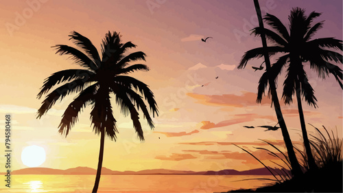 Tropical sunset with palm trees Background 