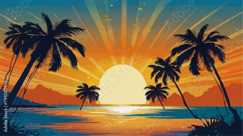 Tropical sunset with palm trees Background 