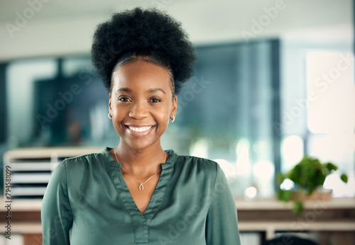 African woman, portrait and office with goals, proud and confidence for career smile. Creative writer, professional news editor and expert reporter for content creation, publishing and press startup