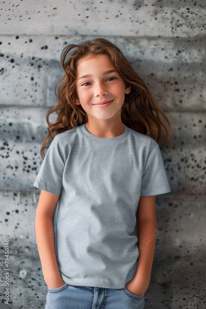 A young girl with long hair is wearing a gray t-shirt and jeans A young girl with long hair is wearing a gray t-shirt and jeans