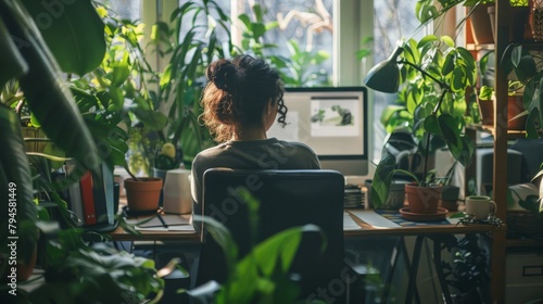 A creative workspace enhanced by air-purifying plants, with a person concentrating on their work, the greenery contributing to a healthy, inspiring environment. © Sasint