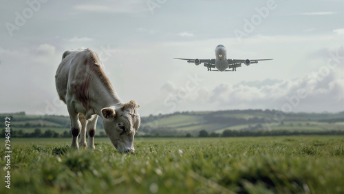 Cow chews on grass as a plane takes off 