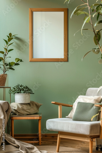 A living room with a green wall and a wooden framed mirror