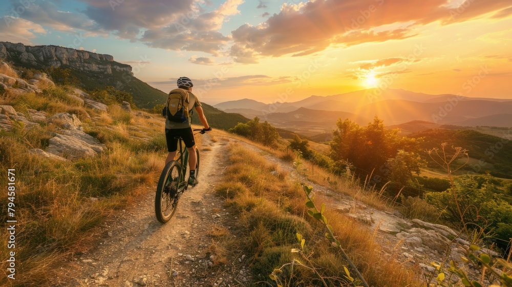 Fototapeta premium A cyclist on a mountain trail at golden hour, the setting sun casting a warm glow over the landscape, illustrating the thrill of exploring nature on two wheels.
