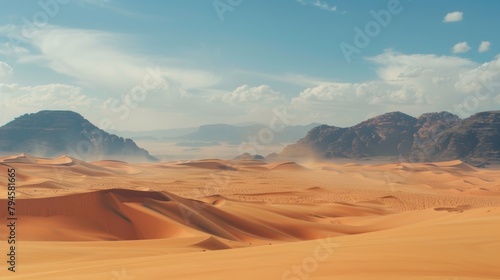 A barren desert landscape stretching towards towering mountains in the distance under a clear blue sky. Sand dunes, rock formations, and sparse vegetation can be seen in the foreground.