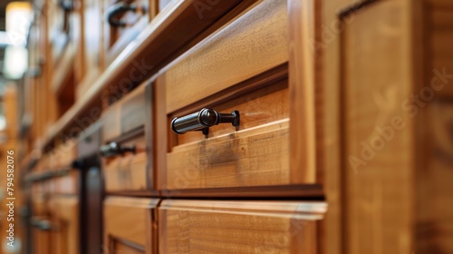 Close-up of a series of elegant wood cabinet doors blending modern and vintage styles at a market