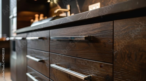 Close-up of brown luxury kitchen cabinets with sleek stainless steel handles, blending modern with vintage