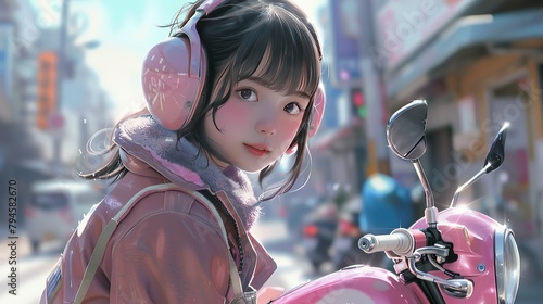 anime girl riding a pink motor bike, in the style of meticulous photorealistic still lifes, dark beige and white, gongbi, cute and colorful photo