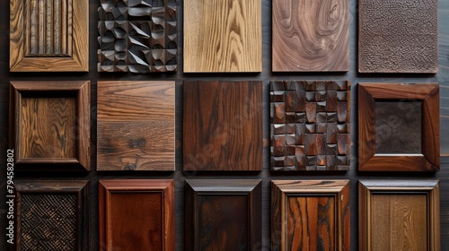 Detailed showcase of wood textures on luxury and vintage cabinet doors, arranged for market appeal