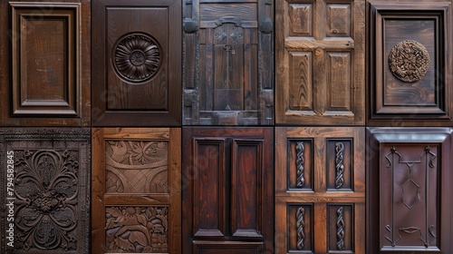 Detailed showcase of wood textures on luxury and vintage cabinet doors, arranged for market appeal