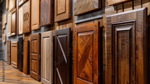 Display of assorted high-end wood cabinet doors, merging vintage aesthetics with modern luxury