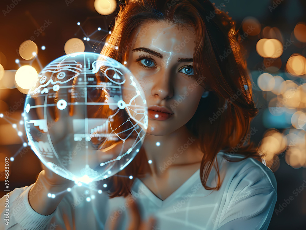 Naklejka premium woman, brown hair, blue eyes, abstract, holographic, globe, data, graphs, white lines, glass surface, background, blurred light spots, cozy atmosphere, hand up, talking, presenting, camera, focused, h