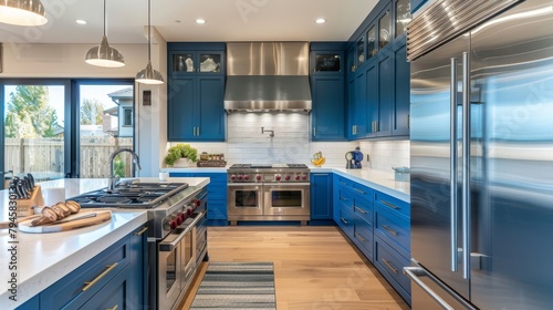 Elegant display of vintage-style blue kitchen cabinets featuring modern stainless steel accents
