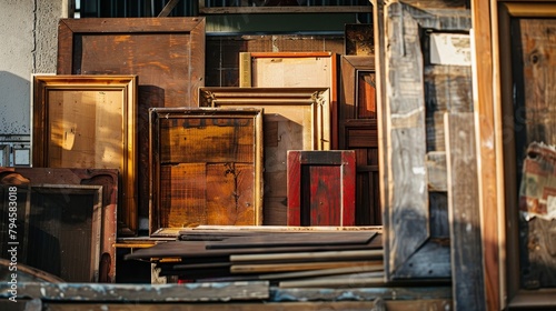 Elegant display of wood cabinet doors, blending modern design with vintage textures at a bustling market