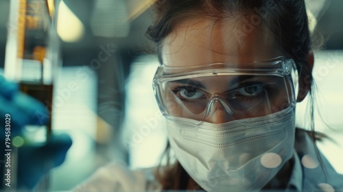 In a bustling laboratory a seriouslooking chemist wearing a protective face mask carefully stirs a solution as she closely monitors the reaction taking place within the flask. . photo