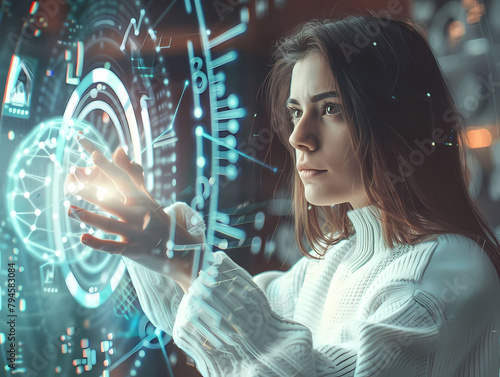 woman, brown hair, blue eyes, abstract, holographic, globe, data, graphs, white lines, glass surface, background, blurred light spots, cozy atmosphere, hand up, talking, presenting, camera, focused, h