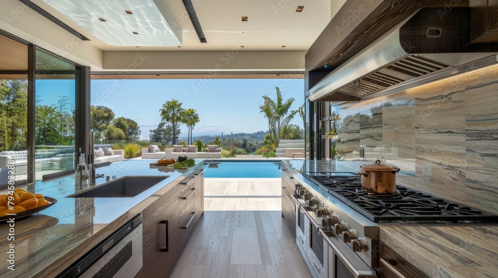 Elegant kitchen with high-end modern cabinets and expansive views of a terrace and pool area