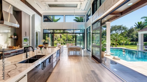 Elegantly designed kitchen with expansive glass doors leading to a serene poolside terrace