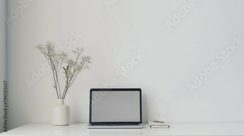 A minimalist workspace with a sleek, unadorned desk, a laptop, and a single vase holding a delicate flower, embodying clarity and focus. photo